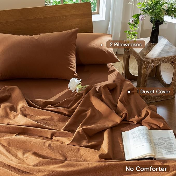 MooMee Bedding Duvet Cover Set 100% Washed Cotton Linen Like Textured Breathable Durable Soft Comfy (Solid Dark Orange, Alaska King 132"x120")