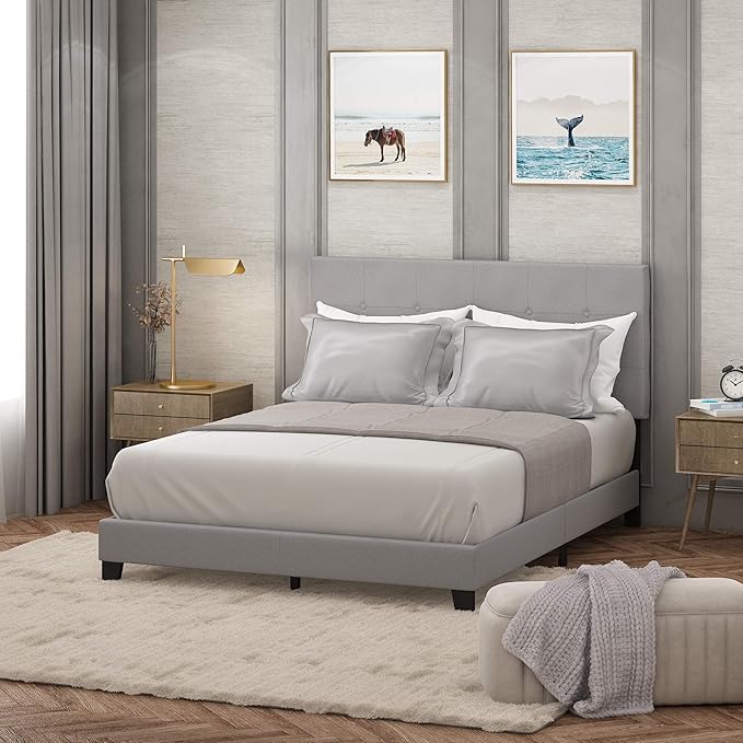 Furinno Laval Button Tufted Upholstered Platform Bed Frame, Queen, Glacier