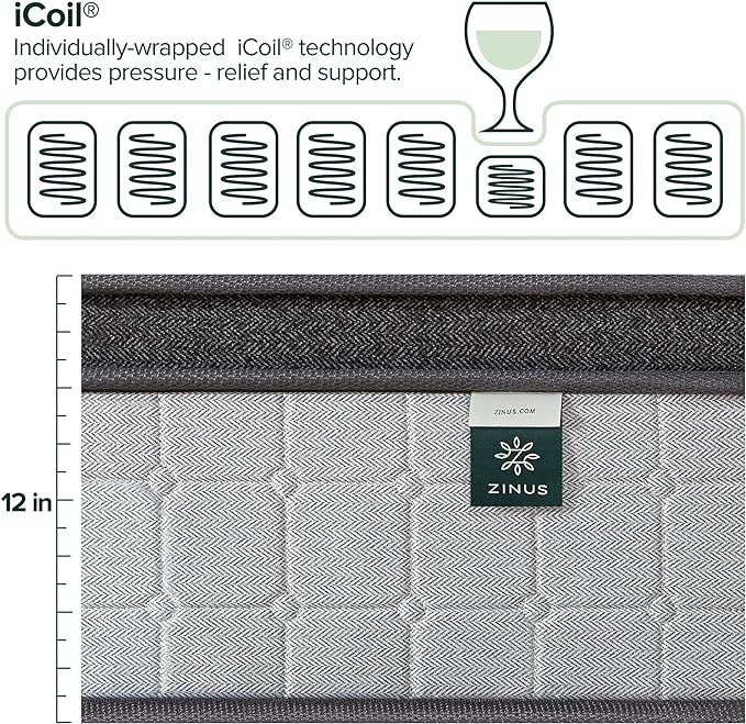 ZINUS 12 Inch Comfort Support Cooling Gel Hybrid Mattress, Full, Euro Top Innerspring Mattress, Motion Isolating Pocket Springs, Mattress in A Box