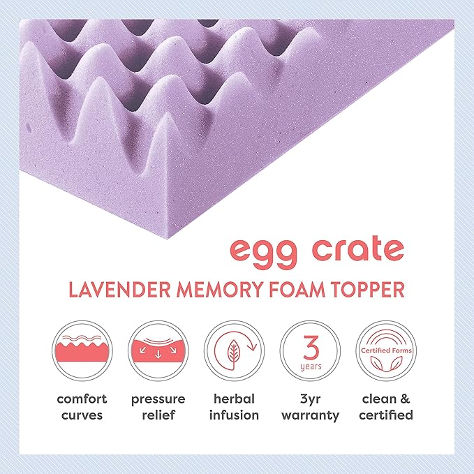 Best Price Mattress 4 Inch Egg Crate Memory Foam Mattress Topper with Soothing Lavender Infusion, CertiPUR-US Certified, Dorm Essentials, Queen