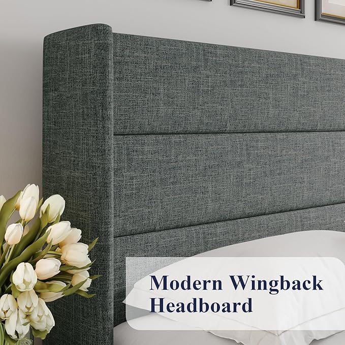 Allewie Queen Size Lift Up Storage Bed, Modern Wingback Headboard, Hydraulic Support, No Box Spring Needed, Dark Grey