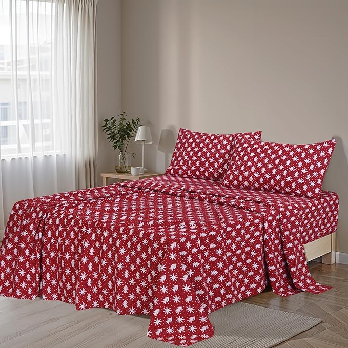 RUVANTI Flannel Sheets King Size - 100% Cotton Brushed King Size Sheets Set - Deep Pockets 16 Inches Bed Sheets - All Seasons Breathable & Extra Soft - Warm & Cozy, 4 Piece, Red Christmas