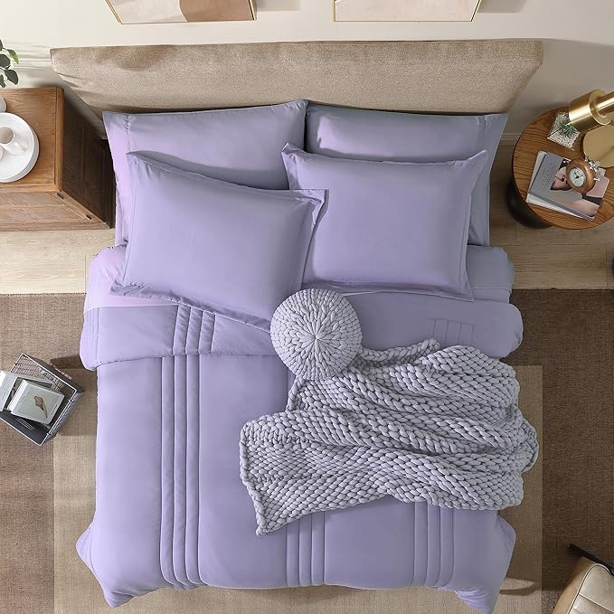 Monbix Queen Comforter Set - 7 Pieces Light Purple Bed in a Bag Queen Bedding Sets with Comforters, All Seasons Down Alternative Comforter Bed Set with Sheets, Pillowcases & Shams