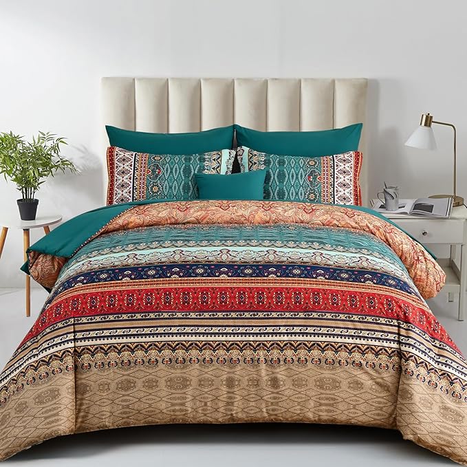 Boho King Size Comforter Set 8 Pieces,Green and Brown Bohemian Striped Bed in a Bag,Floral Soft Microfiber Bedding Comforter Set