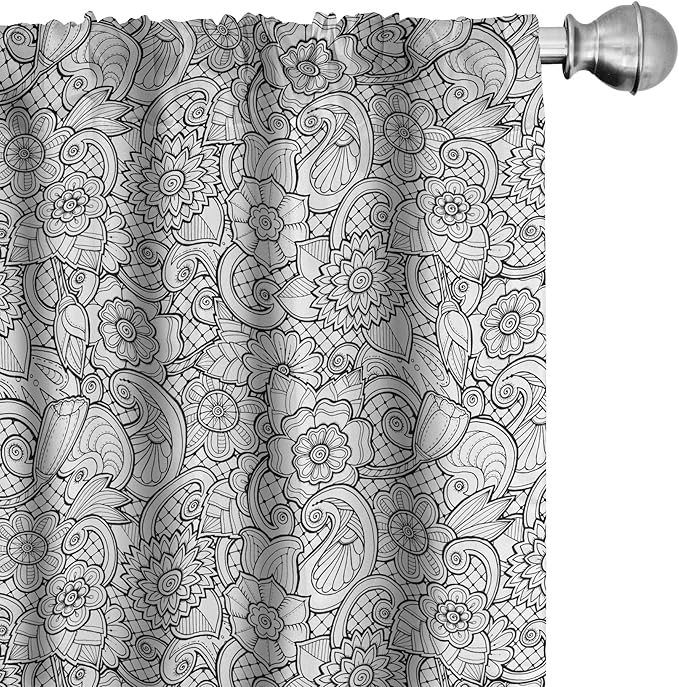 Ambesonne Black and White Window Curtains, Paisley Design with Sketch Style Flowers Leaves on Monochrome Background, Decor 2-Panel Set with Rod Pocket, Pair of - 28" x 63", White and Charcoal