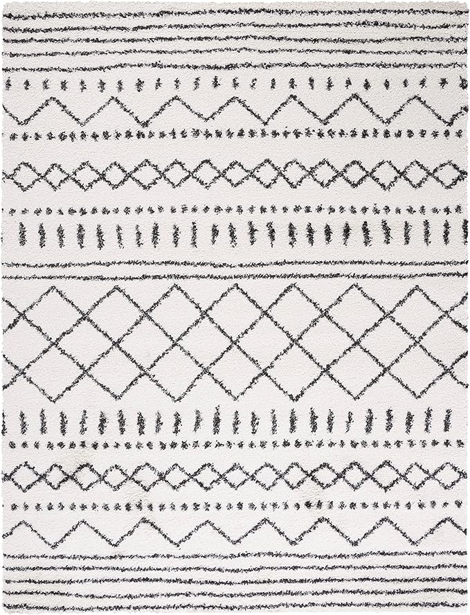 SAFAVIEH Arizona Shag Collection X-Large Area Rug - 11' x 15', Ivory & Black, Moroccan Design, Non-Shedding & Easy Care, 1.6-inch Thick Ideal for High Traffic Areas in Living Room, Bedroom (ASG741Z)