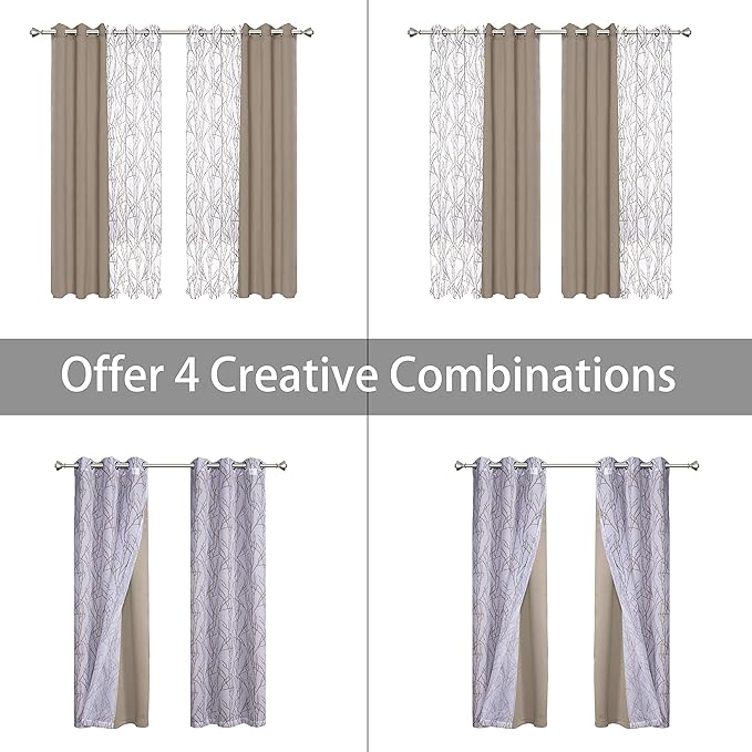 BONZER Mix and Match Curtains - 2 Pieces Branch Print Sheer Curtains and 2 Pieces Blackout Curtains for Bedroom Living Room Grommet Window Drapes, 37x84 Inch/Panel, Taupe, Set of 4 Panels