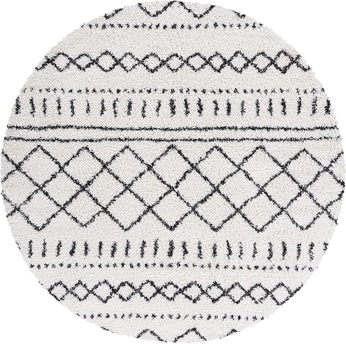SAFAVIEH Arizona Shag Collection Area Rug - 5'1" Round, Ivory & Black, Moroccan Design, Non-Shedding, 1.6-inch Thick, Ideal for High Traffic Areas in Living Room, Bedroom (ASG741Z-5R)