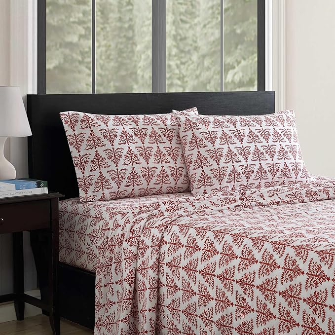 Eddie Bauer - Flannel Sheets King Size, Anti-Pilling & Wrinkle Resistant Cotton, Touchably Soft for All-Season Comfort - Bed Sheets with Matching Pillowcases & Fitted Sheet (Jolly Trees Red)