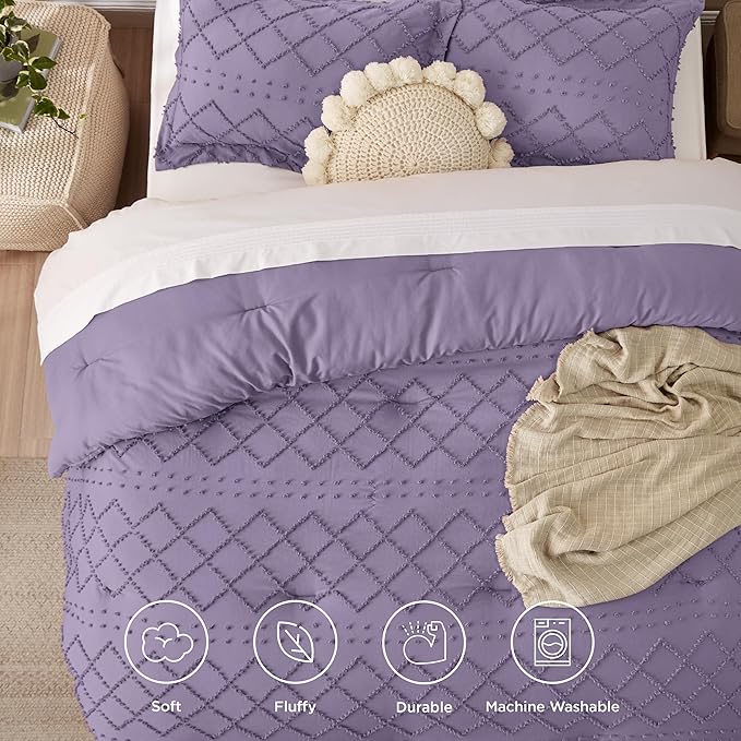 Bedsure King Comforter Set - Grayish Purple Comforter, Boho Tufted Shabby Chic Bedding for Kids, 3 Pieces Vintage Farmhouse Bed Set for All Seasons, Fluffy Soft Bedding with 2 Pillow Shams