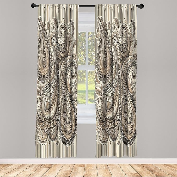 Ambesonne Paisley Curtains, Delicate Bohemian Leafy Motives on Stripes in Neutral Muted Colors, Window Treatments 2 Panel Set for Living Room Bedroom, Pair of - 28" x 84", Warm Taupe Ivory and Sepia