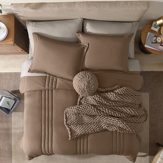 Monbix Full Comforter Set - 7 Pieces Umber Bed in a Bag Full Size Bedding Sets with Comforters, All Seasons Down Alternative Comforter with Sheets,Pillowcases & Shams