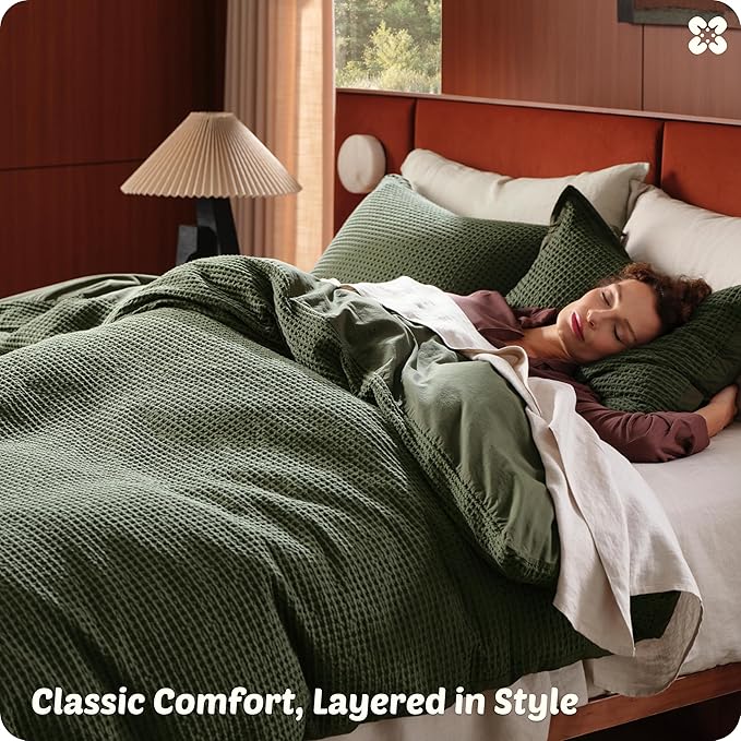 Bedsure Cotton Duvet Cover Set - 100% Cotton Waffle Weave Olive Green Duvet Cover Oversized Queen Size, GentleSoft™ and Breathable Bedding Set for All Season, 3 Pieces, 98"x98"