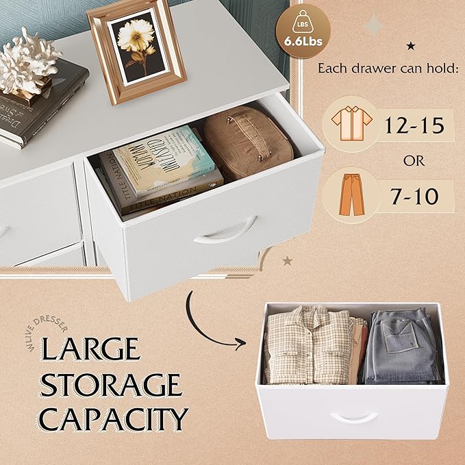 WLIVE Fabric Dresser for Bedroom, Tall Dresser with 8 Drawers, Storage Tower with Fabric Bins, Double Dressers, Chest of Drawers for Closet, Playroom, Dormitory, White