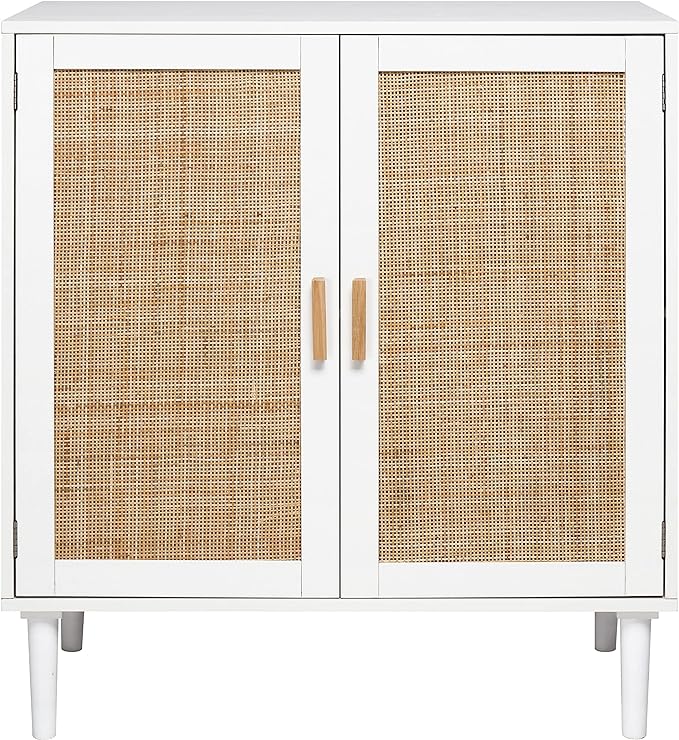 Finnhomy Sideboard Buffet Cabinet, Kitchen Storage Console with Rattan Decorated Doors, Liquor Buffet, Dining Room, Hallway, Cupboard Console Table, Accent Cabinet, 31.5X 15.8X 34.6 Inches, White