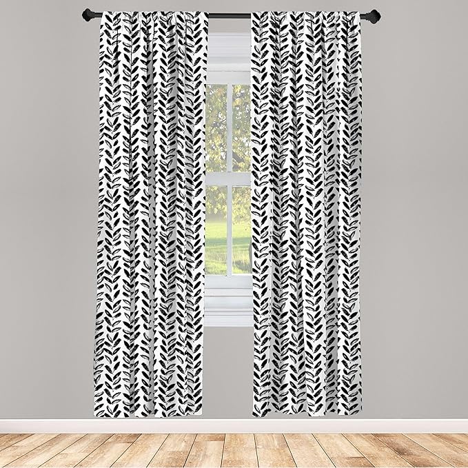 Ambesonne Black and White Window Curtains, Modern Grunge Botany Motif Monochrome Brush Paint Style Strokes, Lightweight Decor 2-Panel Set with Rod Pocket, Pair of - 28" x 95", White and Black