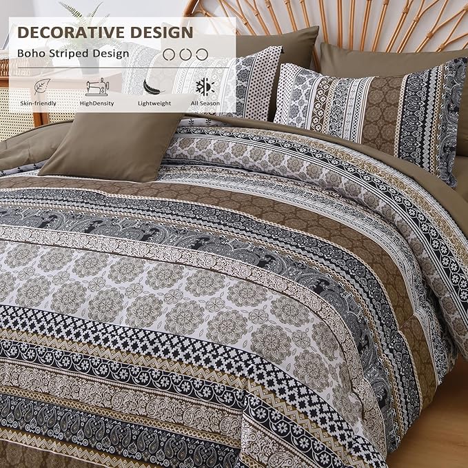 Cottolester Brown Comforter Set King Size,Boho Fall Bed in a Bag 8 Pieces,Paisley Soft Microfiber Bedding Comforter Set