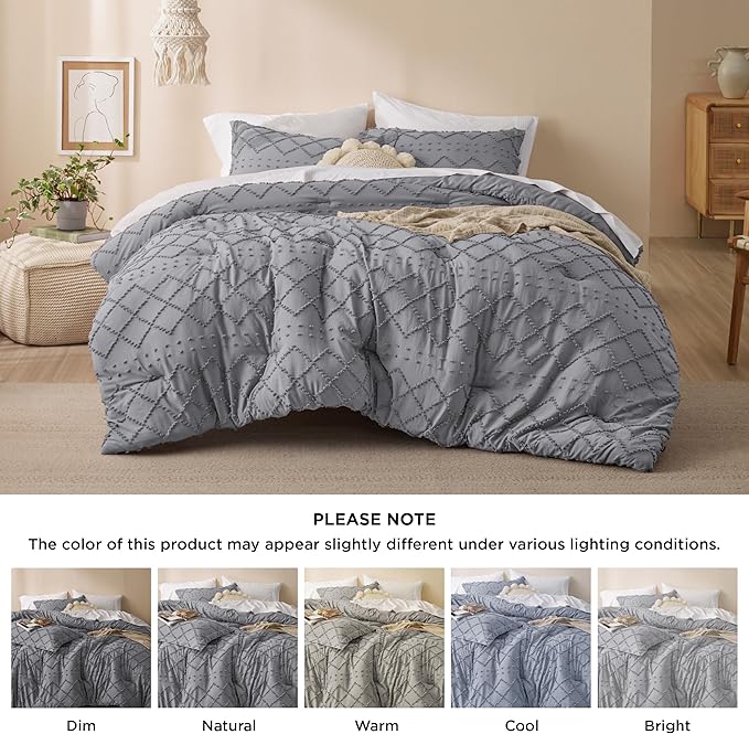 Bedsure California King Comforter Set - Grey Comforter, Boho Tufted Shabby Chic Bedding for Kids, 3 Pieces Vintage Farmhouse Bed Set for All Seasons, Fluffy Soft Bedding with 2 Pillow Shams