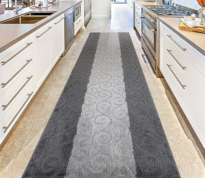 Custom Size Modern Runner Rug Carpet for Hallway Entryway Foyer Kitchen, Slip Resistant Latex Rubber Backed 31 inch Wide X Customized Length, Scroll Grey, 31 inch X 15 feet