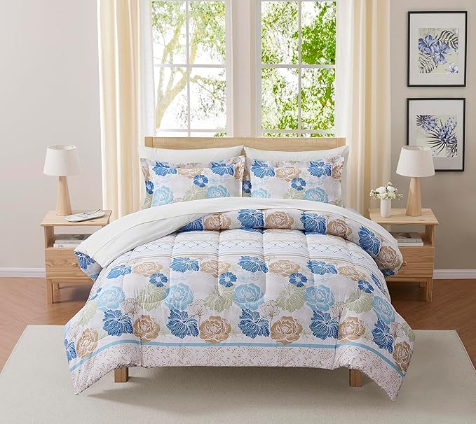 Floral Comforter Set Twin Size with Sheets Bed in a Bag – Deep Pocket Fitted Sheet with Elastic Corners, Cozy Comforter, Pillowcases & Shams – Soft Microfiber All Season Bedding – Machine Washable