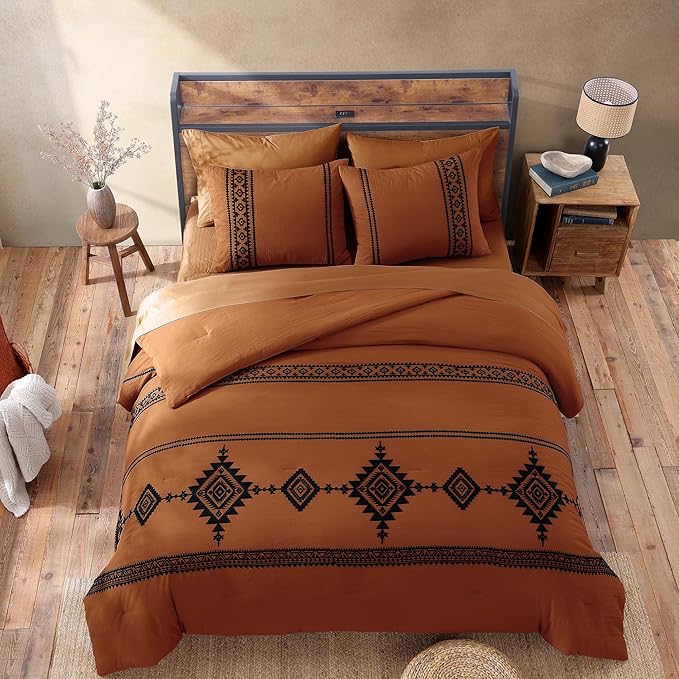MaiRêve California King Comforter Set Burnt Orange, Embroidery Western Bedding Set Boho 7 Pieces, Farmhouse All-Season Bed in A Bag with Sheets, Pillowcases & Shams