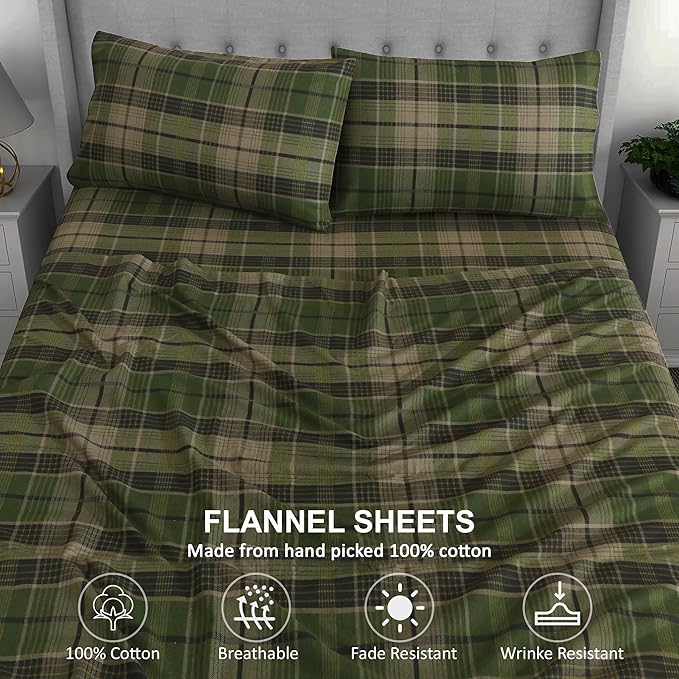RUVANTI Flannel Sheets Queen Size - 100% Cotton Double Brushed Bed Sheets, Deep Pockets 16 Inches Queen Sheet Set, All Seasons Breathable & Extra Soft - Warm & Cozy, 4 Piece, DNA Plaid