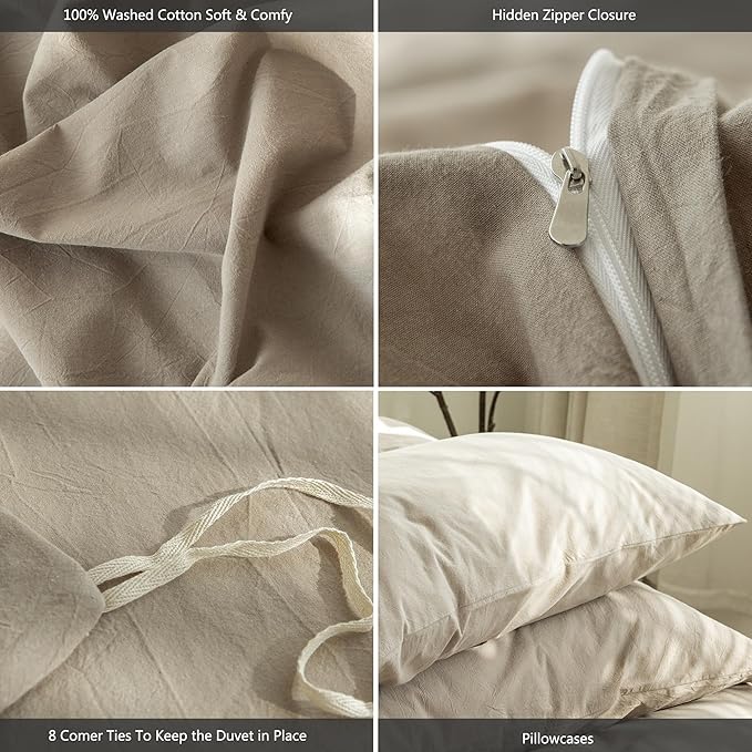 MooMee Bedding Duvet Cover Set 100% Washed Cotton Linen Like Textured Breathable Durable Soft Comfy (Solid Light Camel, Cal King 104"x98")