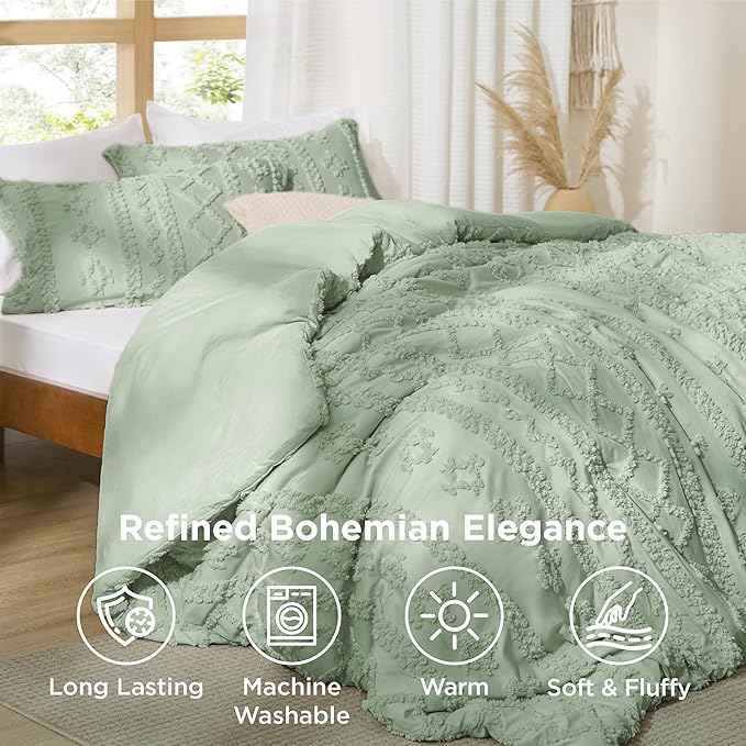 Bedsure Tufted Boho Comforter Set King Size - Sage Green Boho Bed Set, GentleSoft™ 3 Pieces Farmhouse Shabby Chic Embroidery Bedding, Gifts for Woman, Soft Jacquard King Comforter for All Seasons