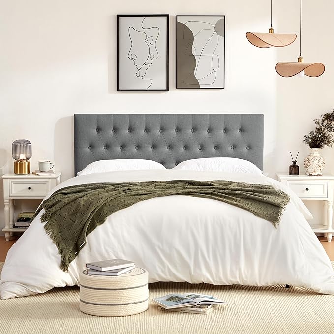 Tufted Upholstered Headboard California King Size, Solid Wood Head Board with Durable Metal Legs, Adjustable Height Bed headboard from 37” to 51” Fabric Headboard in Button Design, Grey