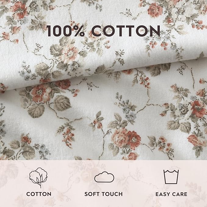Laura Ashley - Flannel Sheets King Size, Anti-Pilling & Wrinkle Resistant Cotton, Touchably Soft for All-Season Comfort - Bed Sheets with Matching Pillowcases & Fitted Sheet (Le Fleur Orange)
