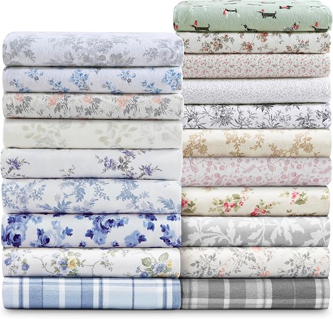 Laura Ashley - Flannel Sheets Full Size, Anti-Pilling & Wrinkle Resistant Cotton, Touchably Soft for All-Season Comfort - Bed Sheets with Matching Pillowcases & Fitted Sheet (Audrey Blue)