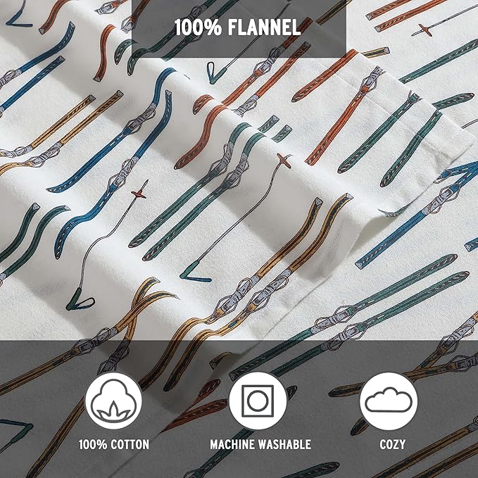 Eddie Bauer - King Sheets, Cotton Flannel Bedding Set, Brushed For Extra Softness, Cozy Home Decor (Ski Line White, King)
