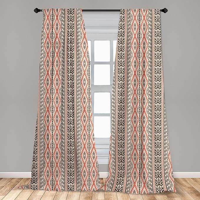 Ambesonne Southwestern Window Curtains, Traditional Vertical Borders Inspired by Prehistoric Art Ikat Style, Lightweight Decorative Panels Set of 2 with Rod Pocket, Pair of - 28" x 95", Brown Coral