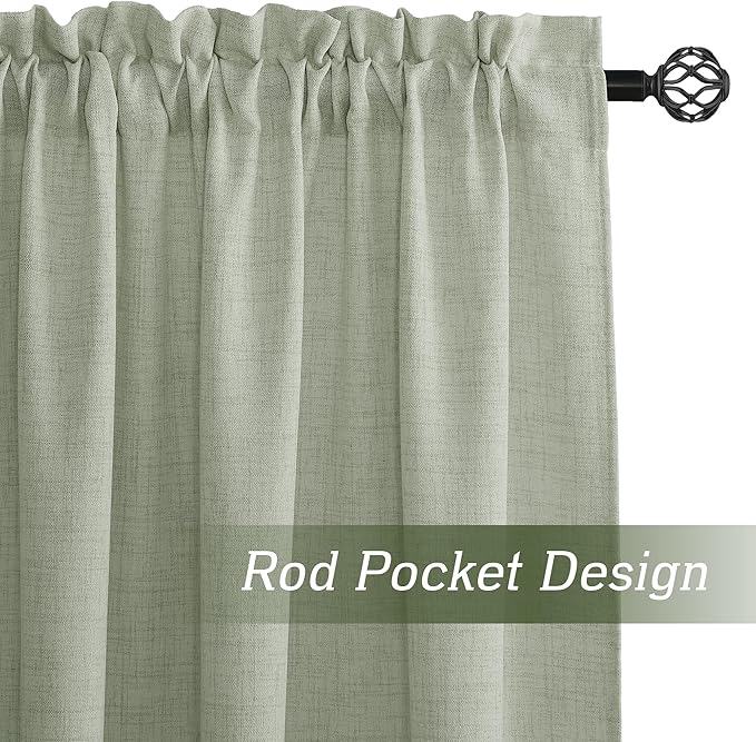 RYB HOME Linen Sheer Curtains and Drapes for Living Room and Dining Room 95 inches Length, Breathable Weave Textured/Rod Pocket Semi Sheer Curtains, Sage Green, W 52 x L 95 inches, 2 Panels Set
