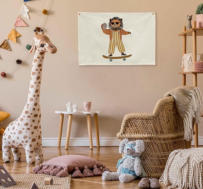 Lion Skateboarding Nursery Rectangular Canvas Banner-Flag Wall Sign Decor for Toddler Boys Kids,Baby Room Above Crib Playroom Reading Room Bedroom Dorm Decor-Baby Shower Birthday Christmas Gift