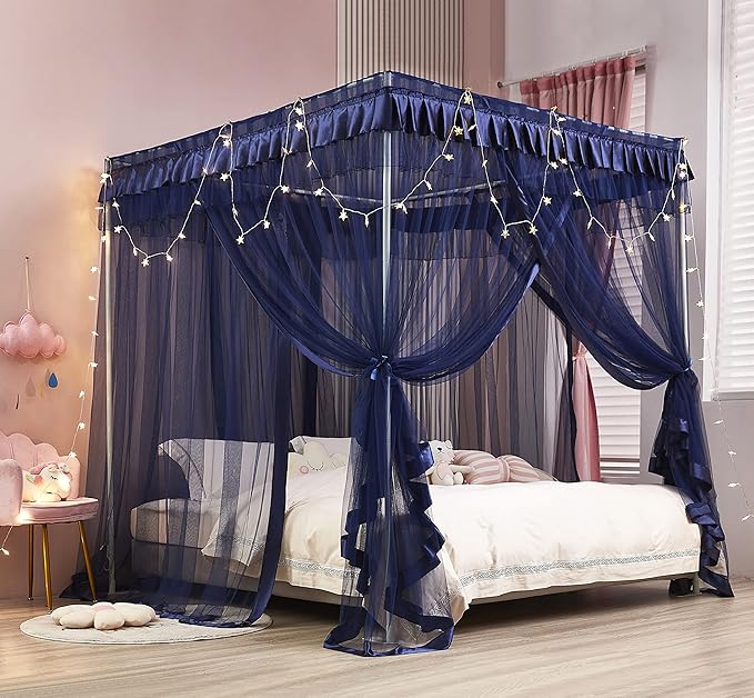 Mengersi 4 Corners Post Canopy Bed Curtains Navy Blue- Bed Canopy Royal Luxurious Bed Drapes Netting- Elegant Bedroom Decoration Accessories for Adults,King