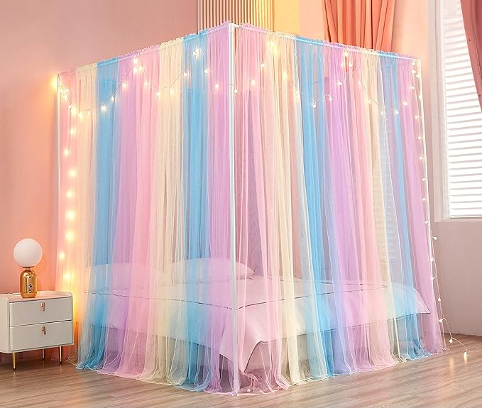 Akiky Canopy Bed Curtains with Lights 4 Corner Post Bed Canopy for Adults Girls, Rainbow Bed Drapes Netting-8 Panel Curtains,Full/Queen