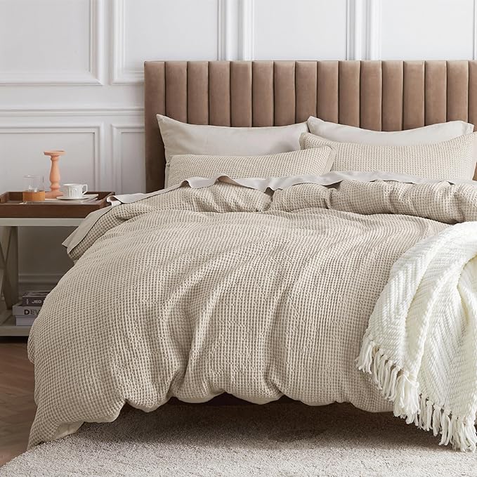 Bedsure Cotton Duvet Cover Full - 100% Cotton Waffle Weave Beige Duvet Cover Set, GentleSoft™ and Breathable Bedding Set for All Season, 3 Pieces, 80"x90"