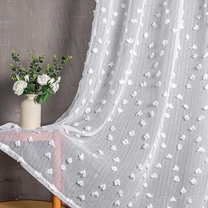 MYSKY HOME Pom Pom White Sheer Curtains for Bedroom Girls Room Curtains 108 Inches Long for Nursery Kids Light Filtering Boho Window Drapes, Rod Pocket, 38" Wide, 2 Panels