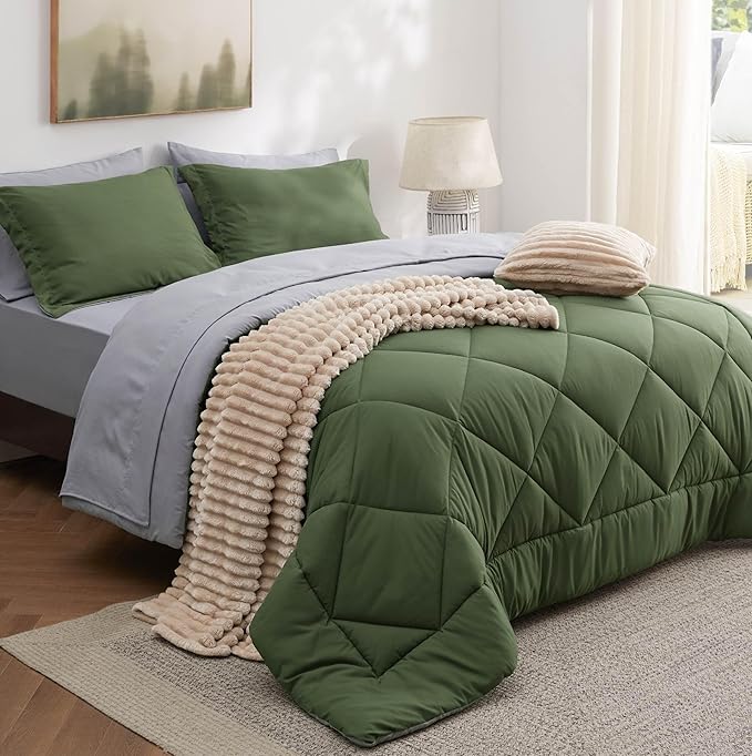 Bedsure Twin Size Comforter Set - 7 Pieces Reversible Olive Green Bedding, Twin Size Bed Set for All Seasons, Bed in a Bag with Down Alternative Comforter, Sheets, Pillowcase & Sham