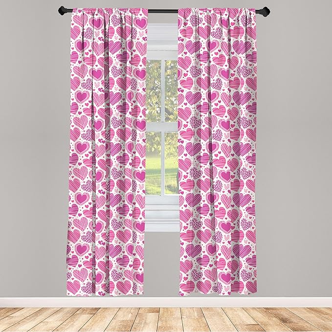 Ambesonne Valentines Window Curtains Pack of 2, Romantic Heart Shapes with Many Different Designs Polka Dots Crossed Lines, Lightweight Set with Rod Pocket, 4 Panels of - 28" x 84", Pink White