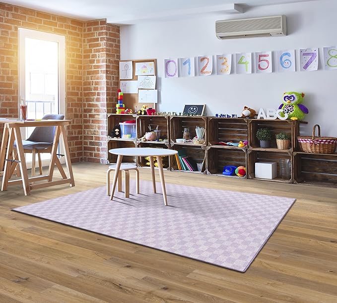 Flagship Carpets Schoolgirl Style Lavender Checkerboard Educational Area Rug for Kids Room Seating Décor, Children's Classroom, Play Carpet for Teaching and Playroom, 5' x 7'6", Purple