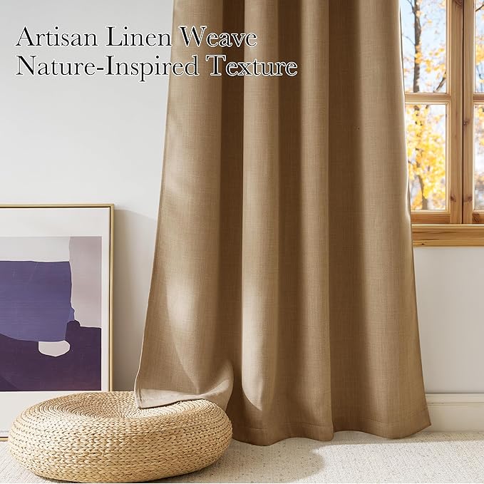NICETOWN Faux Linen Caramel Blackout Curtains 84 inches Long for Living Room - Privacy Panels for Bedroom, Modern Farmhouse Style Easy Care Grommet Top, 2 Panels, W52 by L84