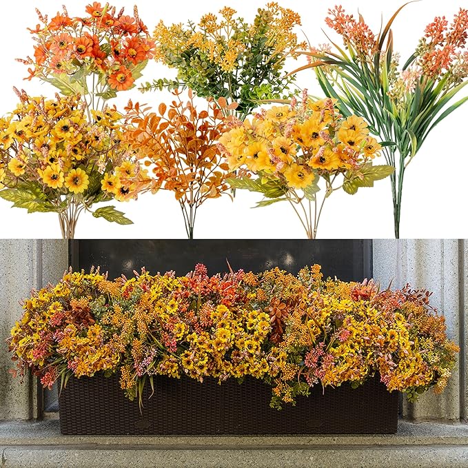 10pcs Fall Artificial Outdoor Branch with Sunflower Daisy for Indoor Outside Hanging Plants Garden Porch Window Box Home Wedding Farmhouse Décor
