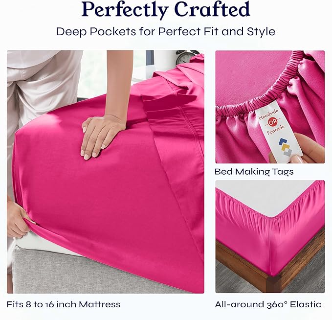 California Design Den Queen Bed Sheets Set - 400 Thread Count Sateen, Natural 100% Cotton Queen Size Sheet Set, Deep Pockets with All Around Elastic, Soft, Cool and Durable Bedding - Hot Pink