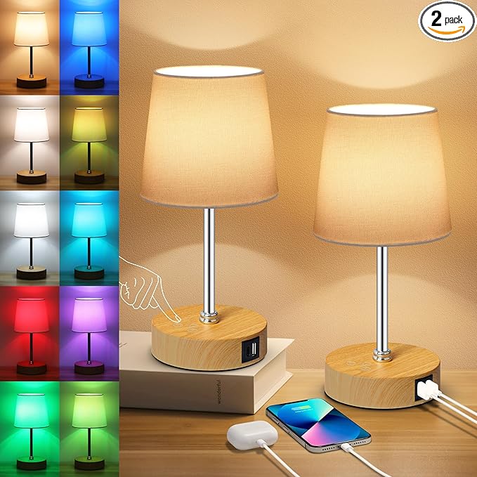 Ascher Small Bedside Table lamp Set of 2, RGB Color Changing Lamps, 3 Color Temperatures, Stepless Dimmable, Nightstand Lamp with USB C+A Ports for Bedroom Living Room, (White Shade, Wood Grain Base)
