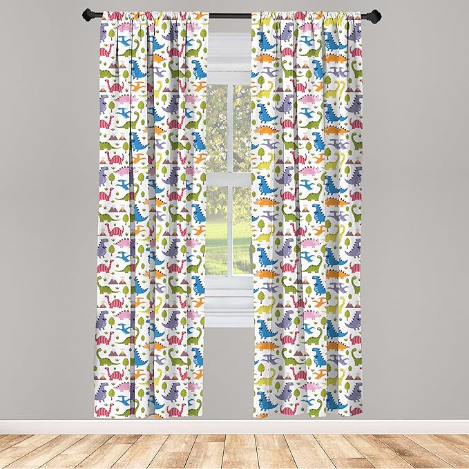 Ambesonne Dino Window Curtains, Cartoon Style Colorful Dinosaurs T-Rex Triceratops Prehistoric Reptile Wildlife, Lightweight Decor 2-Panel Set with Rod Pocket, Pair of - 28" x 63", Blue Green