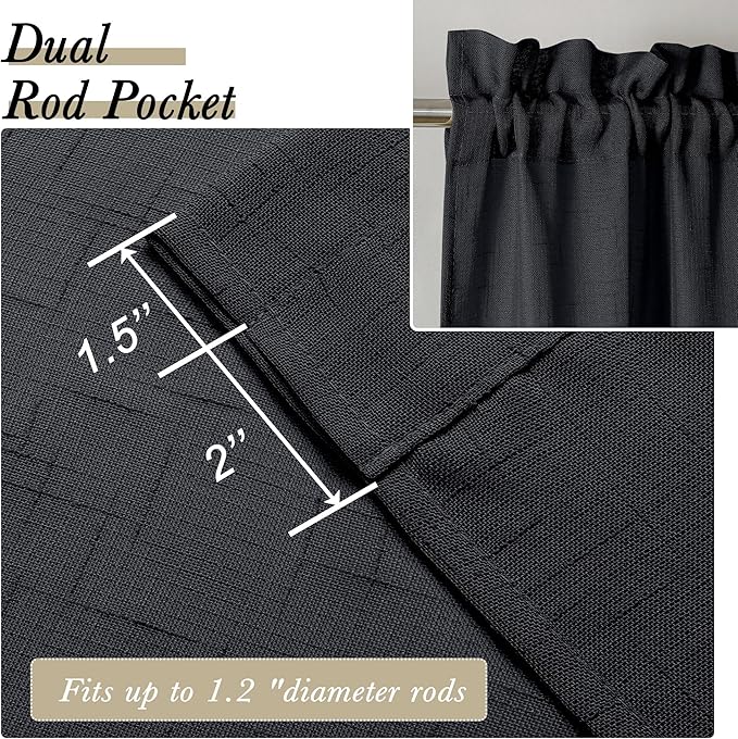 Aiyufeng Sheer Black Kitchen Curtains 24 inch Length 2 PCS, Semi Sheer Linen Curtains for Bedroom, Faux Linen Textured Burlap Short Tier Farmhouse Cafe Curtains for Small Windows, 30Wx24L inch