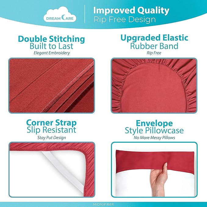 DREAMCARE Queen Sheet Set – 6 pcs Cooling Bed Sheets – up to 21” Deep Pocket Queen Sheets Set – 2500 Supreme Collection – Extra Soft 100% Brushed Microfiber Hotel Luxury with Side Pocket – Burgundy