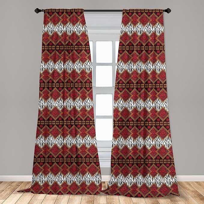 Ambesonne Savannah Curtains, Animal Skin Stripes as Diamond Shapes Pattern Wild Life Concept Native Art, Window Treatments 2 Panel Set for Living Room Bedroom, Pair of - 28" x 84", Red Brown